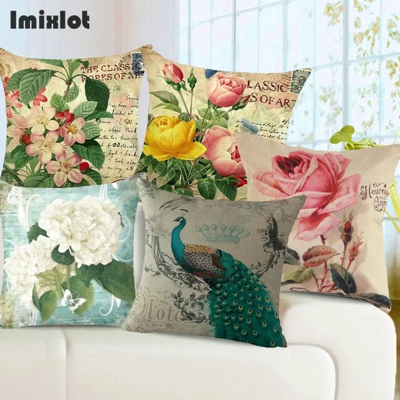 Fashion Cotton Linen Cushion Cover Peacocks Flower Pattern Throw Pillow Cover for Sofa Decorative Pillowcase 45x45 Home Decor