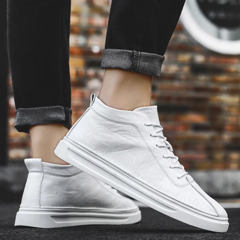 

High Top Sewing Casual Vulcanize Shoes for Men Solid PU Lace-Up Flat Shoes Concise Spring Autumm Boys Students Sneakers