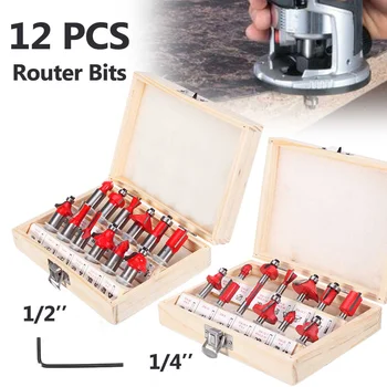 

12Pcs/set Woodworking Milling Cutter 1/4'' Or 1/2'' Tungsten Carbide Router Bit For Wood Engraving Cutting Tools With Box
