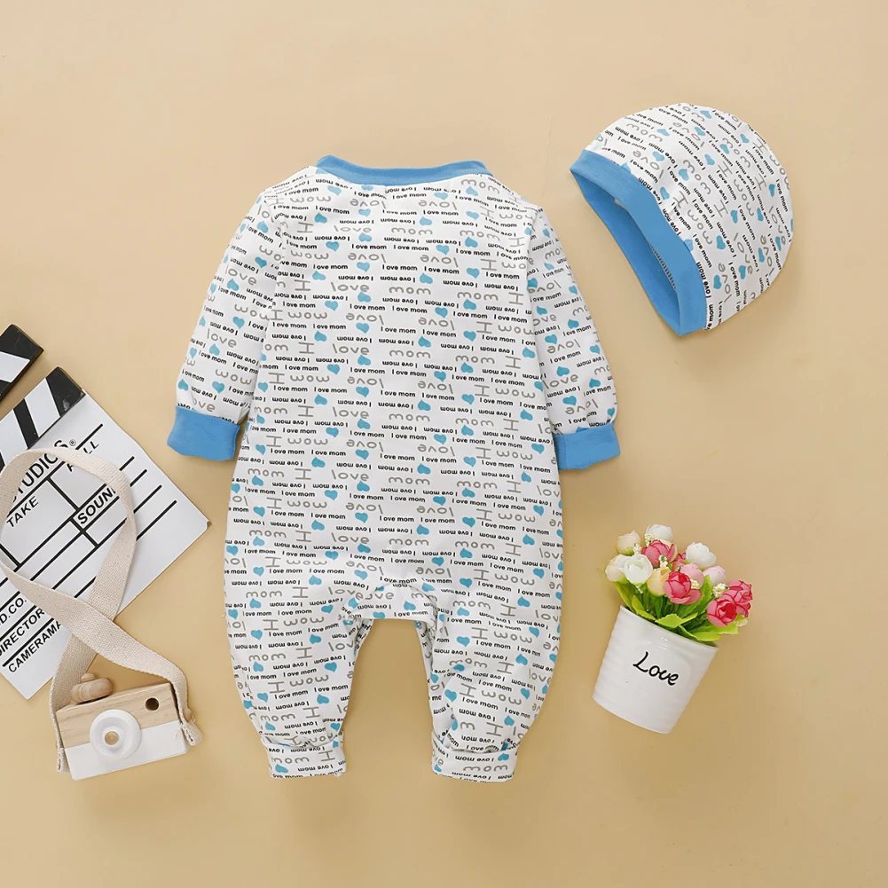 Одежда для новорожденных мальчиков и девочек комбинезон с длинными рукавами+ шапочка комплекты одежды с принтом для малышей Детский комбинезон с круглым вырезом на возраст от 0 до 12 месяцев