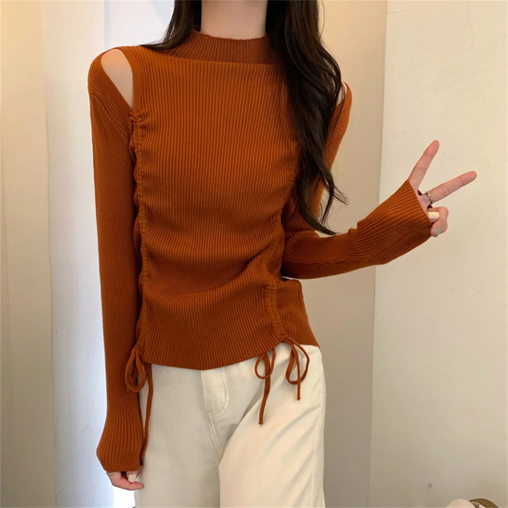 熱販売 Womens Burnt Orange V Neck Pullover Sweaters Long Sleeve Off Shoulder Ribbe Www Cancousa Com
