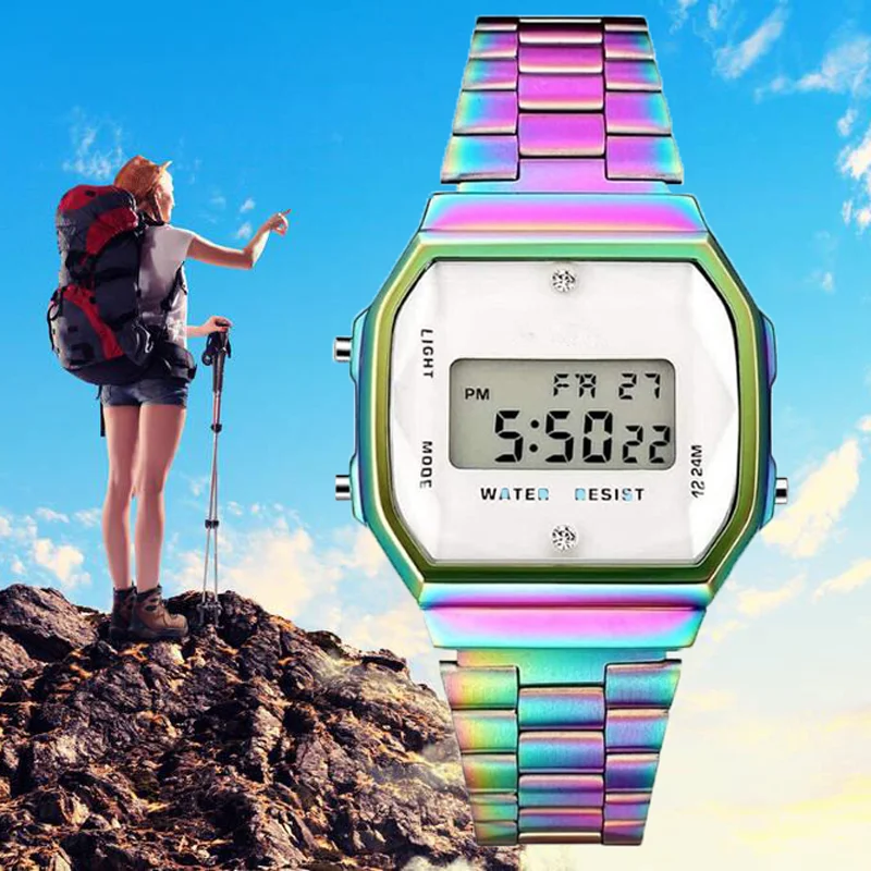 2019 QW Модные кварцевые цветные часы светодиодные из нержавеющей стали женские мужские водонепроницаемые спортивные цифровые наручные часы