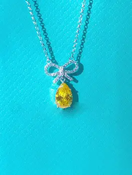 

XL TFB Original 925 Sterling Silver Pop Bow Yellow Gem Necklace with Logo Women's Jewelry Free Shipping.