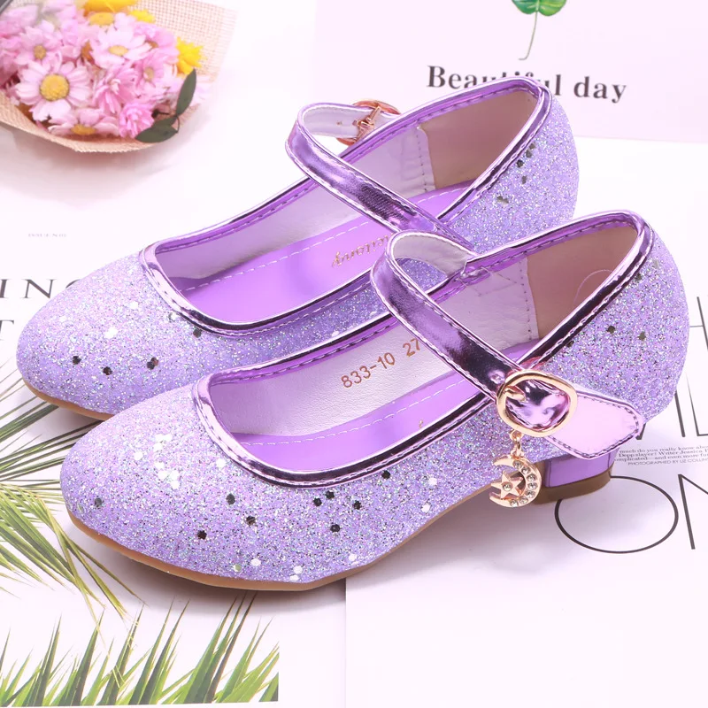Children Princess Shoes student dance shoes For Girls High Heel Sandals Dress Purple Kids Leather Glitter Crystal Shoes Banquet