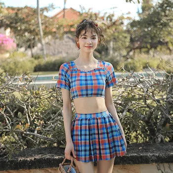

Bathing Panties For Women Rash Guard Swimsuit Fused Push Up Beachwear Suit Female Swimsuits With Skirt 2019 New Korean Hot Plaid