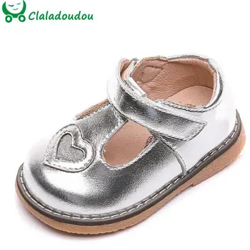 

12-16cm Genuine Leather Girls Princess Shoes Gold Silver Hot Heart Toddler Girls Strap Shoes British Style Kids Flats Shoes 0-3Y