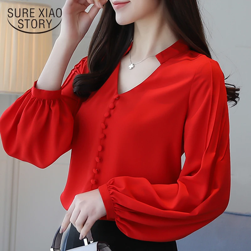 Blusas de manga para mujer, camisa de gasa roja con cuello en V, ropa de trabajo de oficina, tops y blusas para mujer 60|printed chiffon|shirt femaleblouse autumn - AliExpress