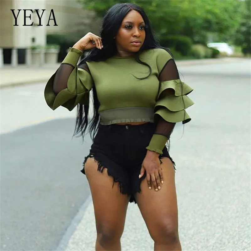 

YEYA Women T-Shirts O-Neck Long Sleeve Tops Ruffles Mesh Patchwork High Street Classic Mini Crop Top Party Streetwear