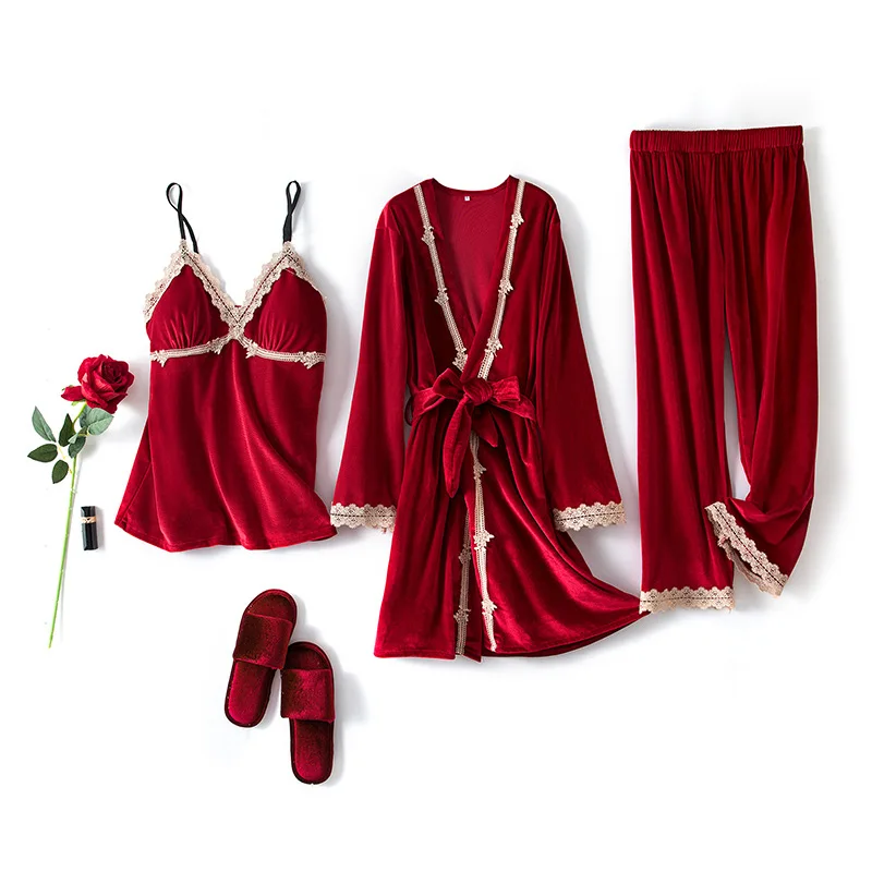 Kupokasi 3Pcs Gold Velvet Pajamas Set For Women Winter Sleep Suit Sexy Homewear Pijama Girl Pajama Home Robe Wear