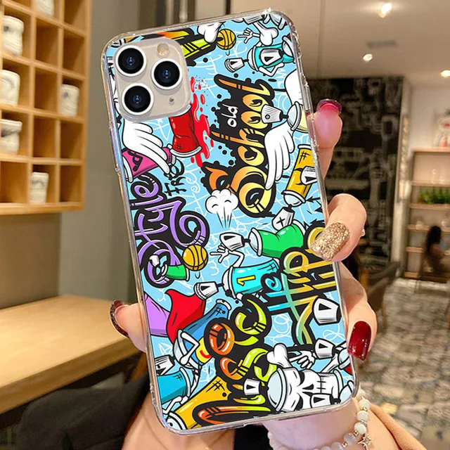 Phone Case For iPhone 13 12 11 Pro XS Max 7 8 6 6s Plus 13Mini SE2020 X XR Graffiti Sticker Art Soft TPU Silicone Cases Cover PTTM-CLS07