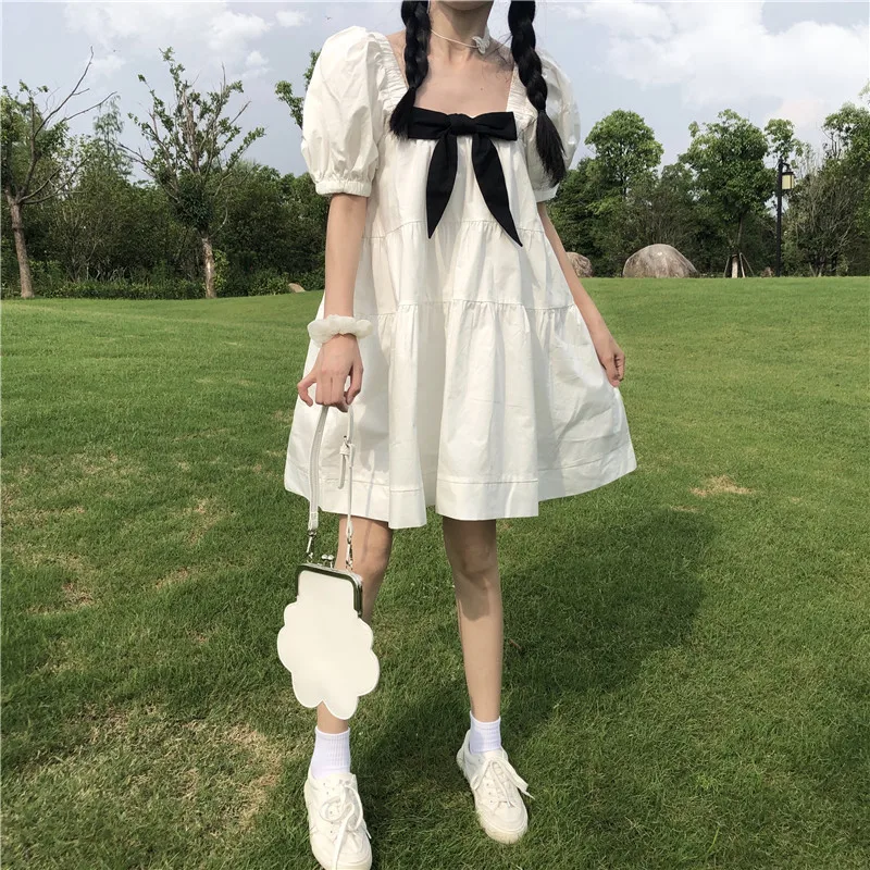 Sweet Kawaii Black Tie Women Dress Soft Girly White Dress 2020 Summer Fashion Bow Square Collar Puff Sleeve Dress Femme Vestidos