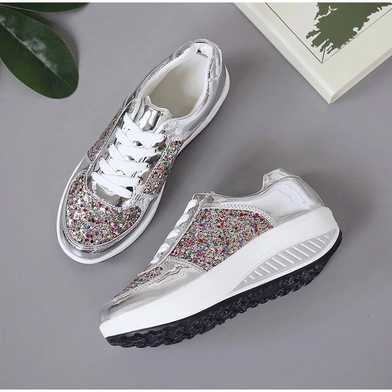 Women's Bling Lace Up Flat Platform Vulcanize Shoes Woman Mix Color Sneakers Female Causal Mirror Rocking Shoes Ladies Fashion