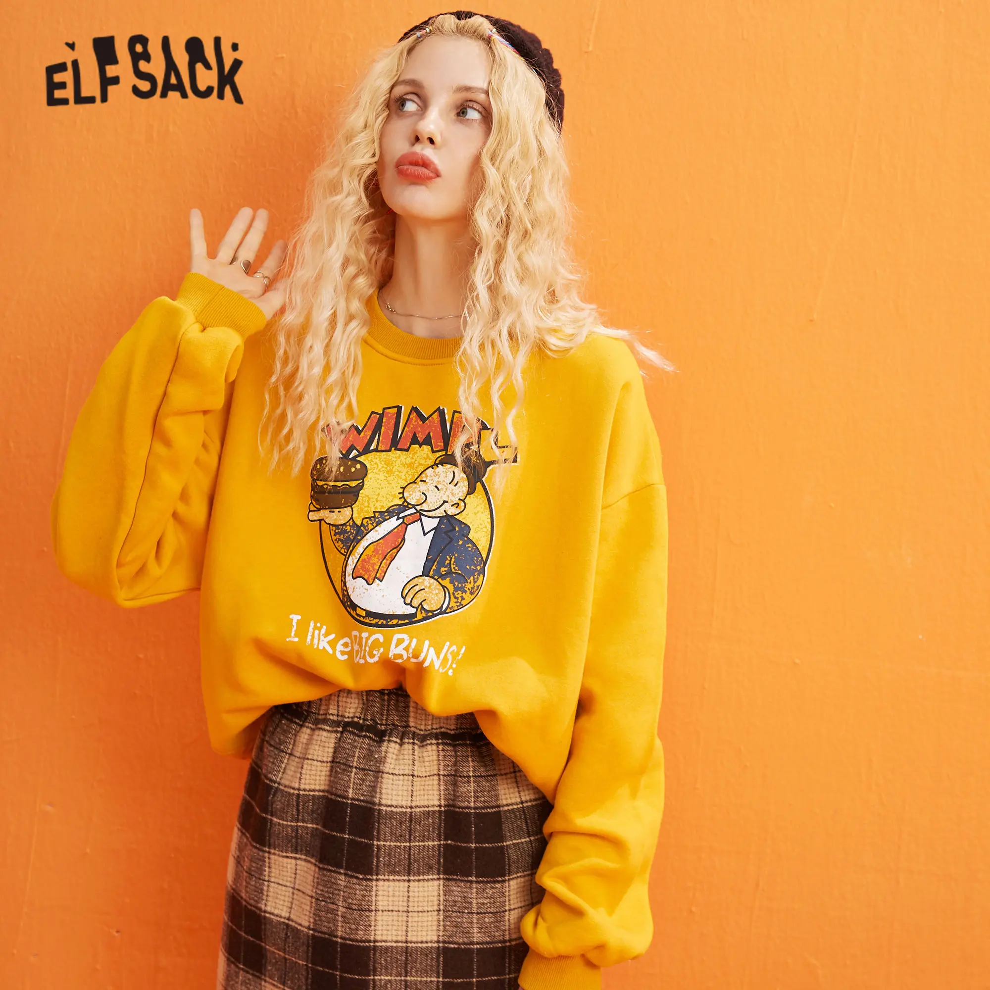 

ELFSACK Yellow Cartoon Print Casual Pullover Sweatshirt Women Clothes 2020 Spring New Long Sleeve Ladies Korean Daily Work Tops