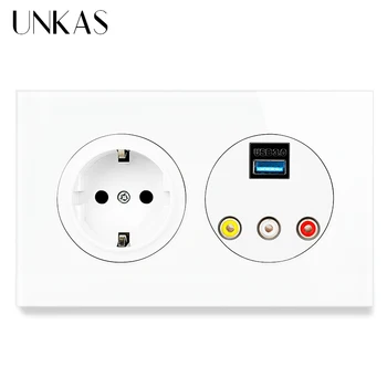 

UNKAS USB 3.0 Jack VIDEO L/R Port Channels 16A EU Wall Socket 146MM*86MM Multimedia Adapter HD Converter Box USB To VIDEO+FL+FR