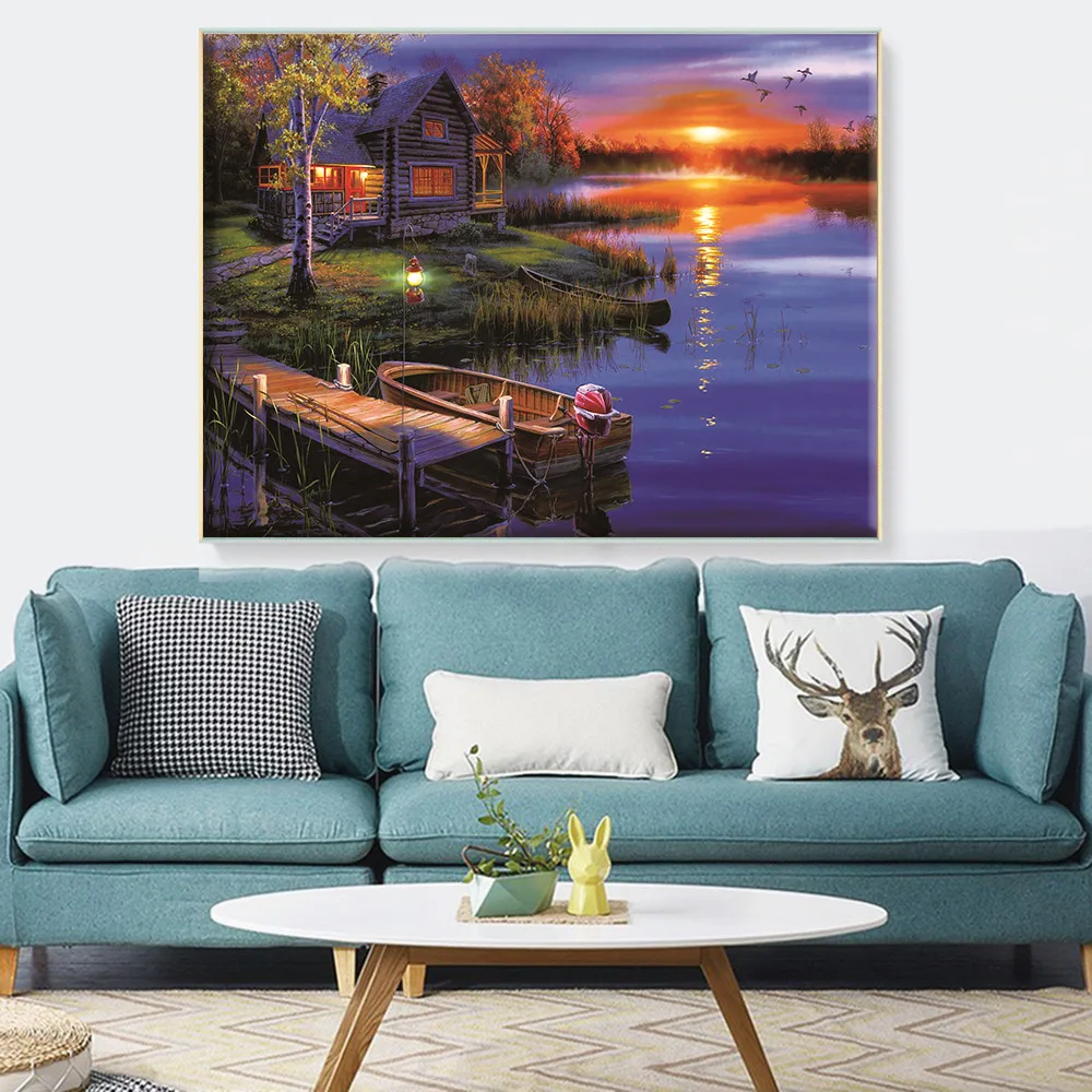 

HUACAN Embroidery House Scenery Cotton Thread Painting DIY Needlework Kits 14CT Cross Stitch Sunset Landscape Home Decoration