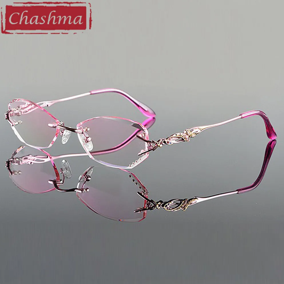 Women Myopia Reading Glasses with Diamond Cutting Rimless Titanium Frame