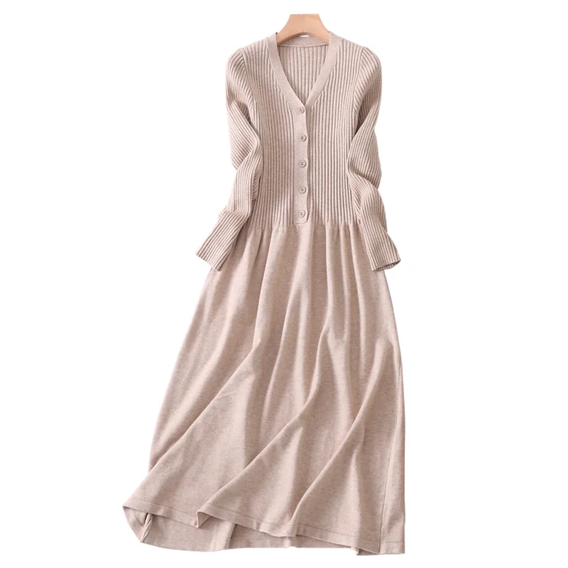 

DSANNINGT 2019 Autumn Latest Style Women's Knitted Soft Cashmere Wool Dress Long Style Solid Color V-Neck Dresses Free Shipping