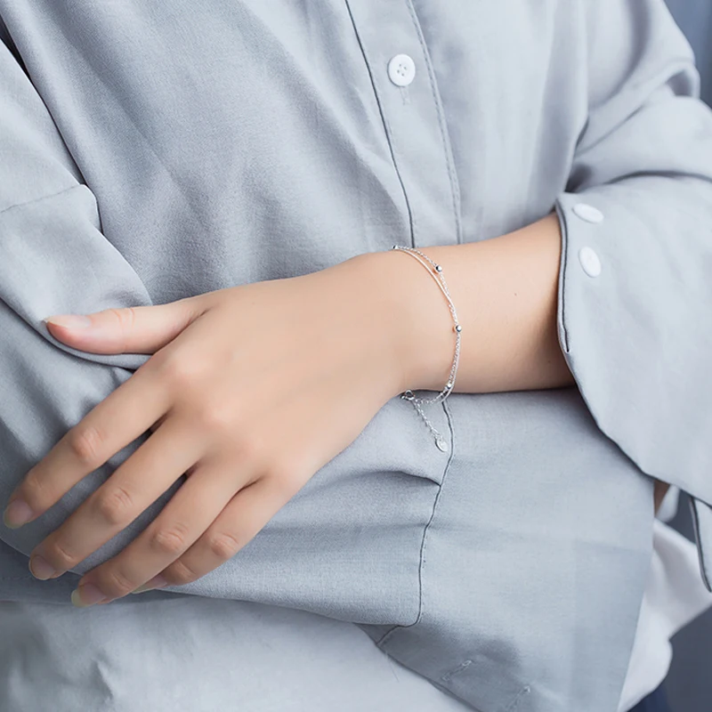 Двухслойная гладкая цепочка, круглые бусины 925 пробы Серебряный браслет для женщин ювелирные изделия простой милый дизайн регулируемая длина