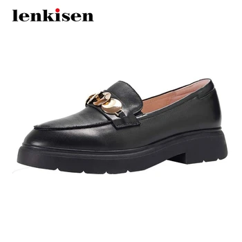 

Lenkisen leisure full grain leather metal decorations high quality shiny round toe med heel slip on daily wear women pumps L0f6