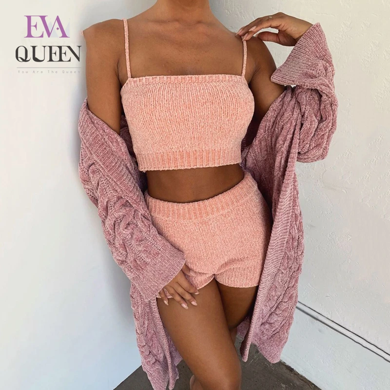 

EvaQueen Sweater Knitted Sexy 2 Piece Set Women 2019 Fashion Sling Crop Tops And Autumn Winter Two Piece Set Outfits Short Suit