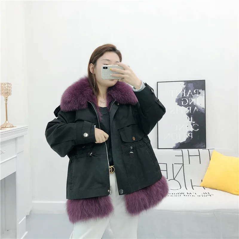 

2020 Fashion New Women Winter Jacket Lining Parkas Loose Short Coat Natural Real Fox Fur Collar Real Rex Rabbit Fur Hooded Style