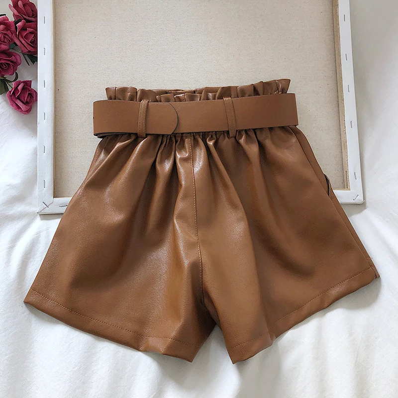 leather shorts 2021 Women's New Autumn Winter Sexy PU Leather Shorts  All-match Sashes Wide Leg Short Ladies Leather Shorts Female Casual khaki shorts