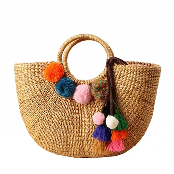 

Womens Vintage Straw Woven Handbags Casual Beach Vacation Large Tote Bags With Round Handle Ring(Hairball)