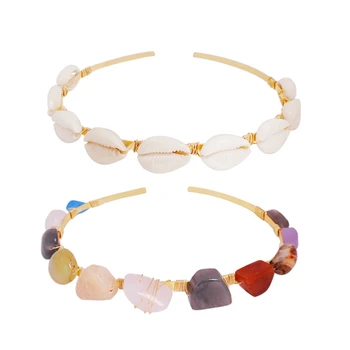 

2 Pcs Handmade Braided Colorful Stones Hairbands Imitiation Pearl Shell Headbands Summer Beach Hair Bands Hair Accessories, Shel