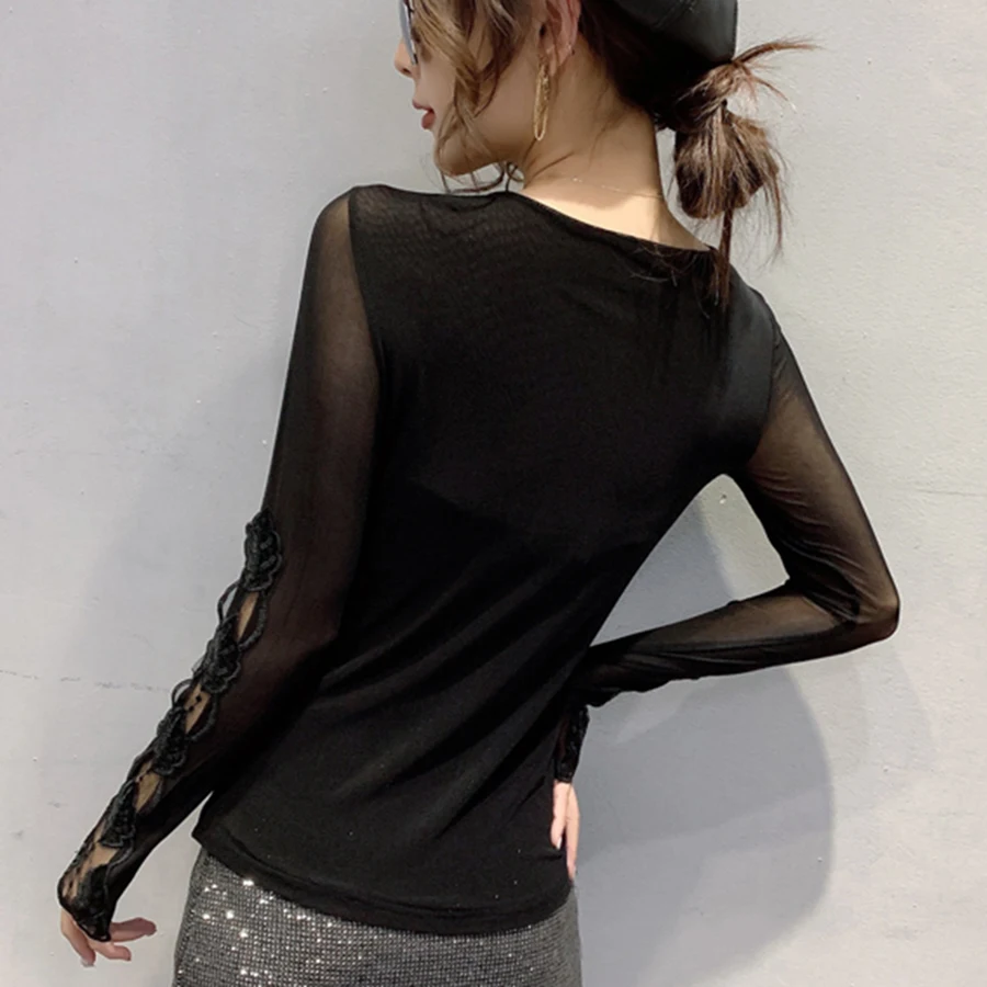 Blusas mujer de moda осенняя и зимняя новая Кружевная блуза Женская прошитая Сексуальная Облегающая рубашка размера плюс с длинным рукавом женская блуза