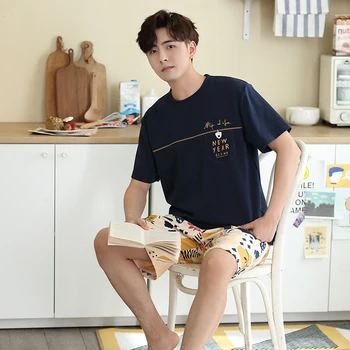 

Short Pajama Set Men Cotton Pajamas Men Summer Cotton Short Sleeve Thin Men Home Clothes Suit Men Pajamas Set Cotton