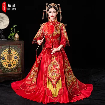 

High Quality Embroidery Add Rhinestone Women Bride Wedding Dress Vintage Button Cheongsam Oriental Classic Tang Suit Vestidos