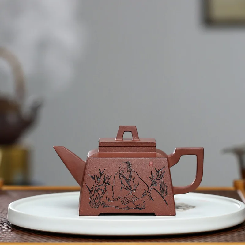 

Yixing purple clay pot master hand raised square pot square ware raw ore bottom trough clear 180CC Kung Fu Tea Set