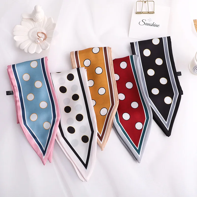 Sweet Love Print Women Small Silk Scarf Handle Bag Ribbons Female Head Scarves Sharp angle Green 90*10cm