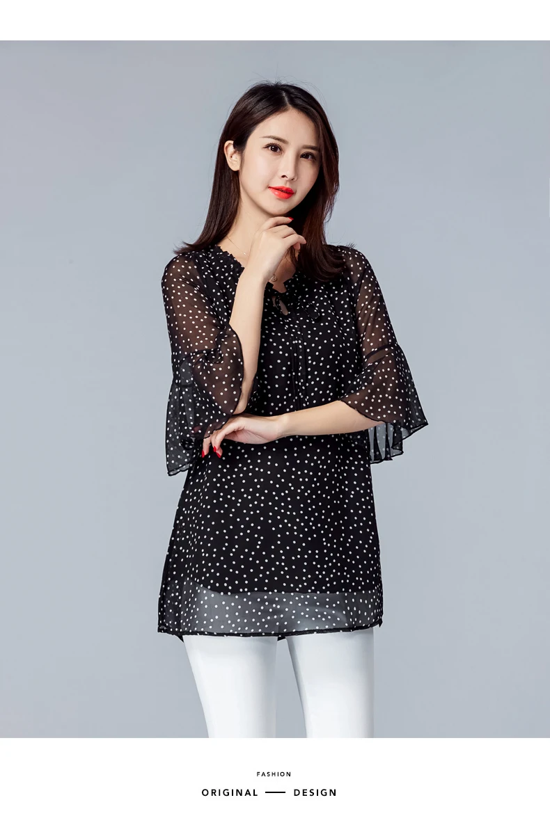 Винтажные Женские топы и блузки размера плюс 5XL, летняя шифоновая блуза с рюшами в горошек, женская черная длинная рубашка, Blusas Mujer