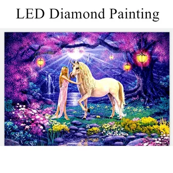 

LED Light Diamond Painting Unicorn Princess Diamond Embroidery Sale Full Round Drill Diamond Mosaic 30x40cm With Frame