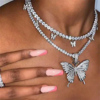 

Modyle 2020 Trendy Party Anniversary Jewelry Tennis Chain Shiny Rhinestone Butterfly Pendant Necklaces for Women
