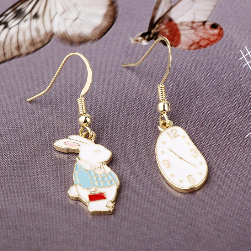 dongsheng-Asymmetry-Cute-Fantasy-Alice-In-Wonderland-Earrings-Clock-Rabbit-Enamel-Ear-Stud-for-Women-Fairy