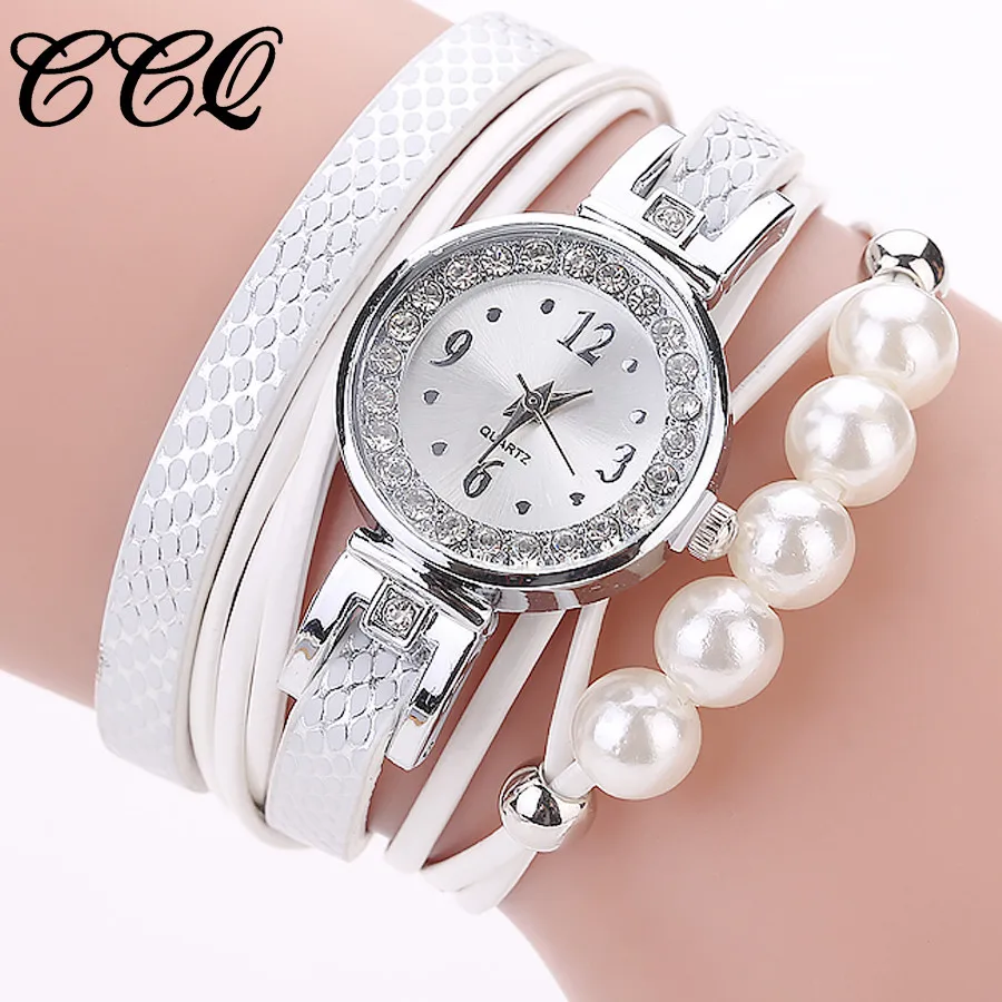 CCQ-Reloj de pulsera para mujer, con diamantes de imitación y perlas, pulsera de cuero, femenino
