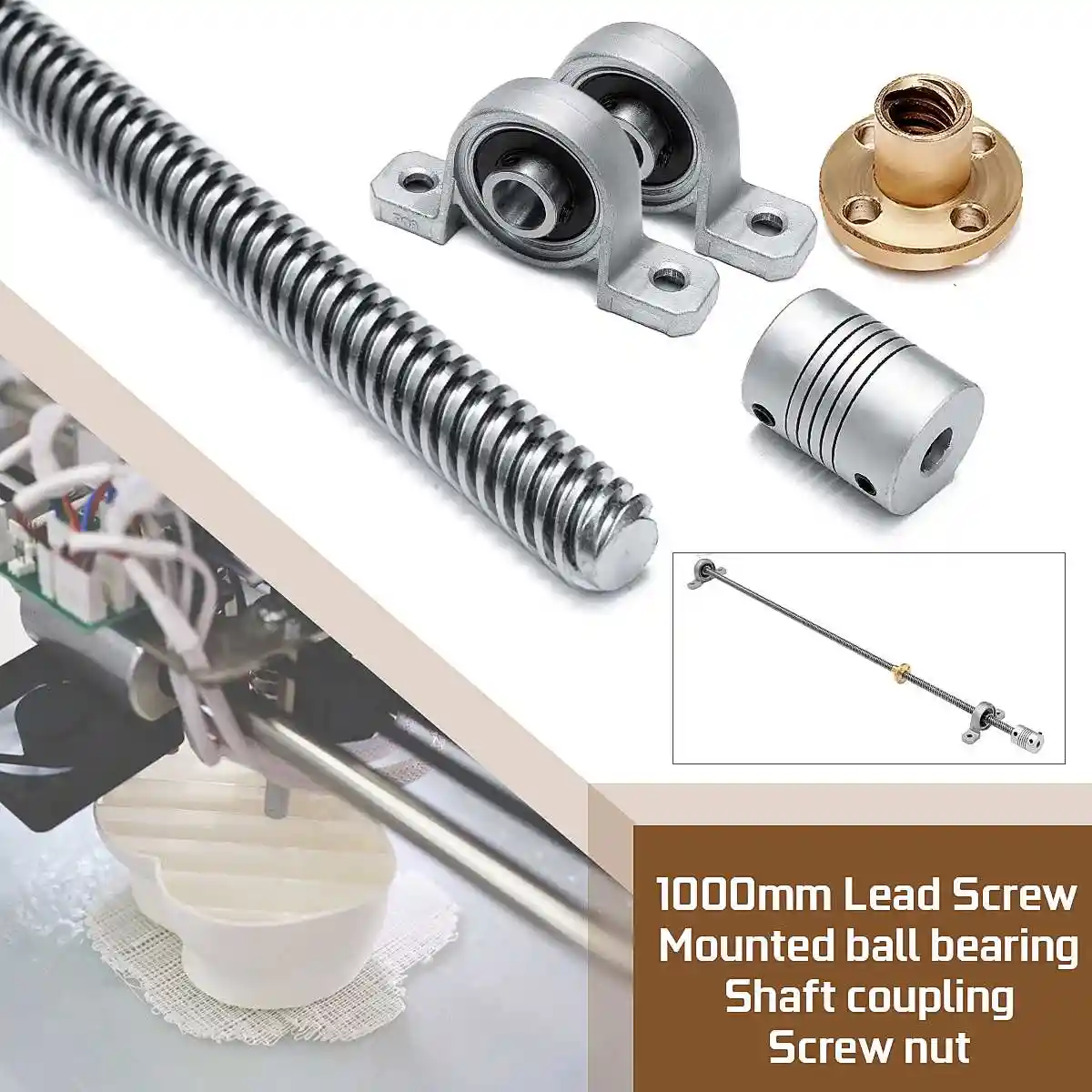 Typ-3, 1Set, 1000mm CopperNut+Coupling Shaft+Horizontal Bearing S SIENOC 1000mm 3D Printer 8mm Bearing Steel T8 Trapezoidal Lead Screw Rod Linear Bar