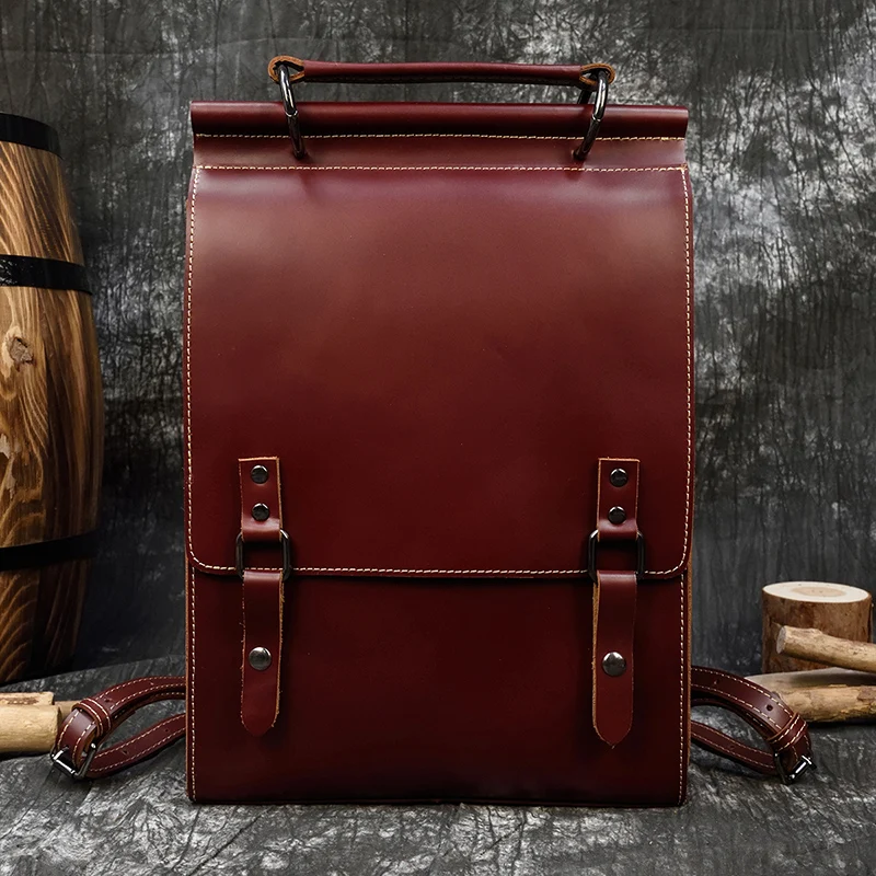 Red brown genuine leather women backpack