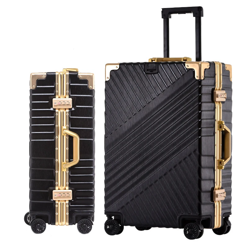 20"24"26"29''Aluminum Luggage PC Shell Trolley Suitcase Metal Drawbar Rolling Luggage Suitcase Carry on Luggage Boarding Case - Цвет: Black