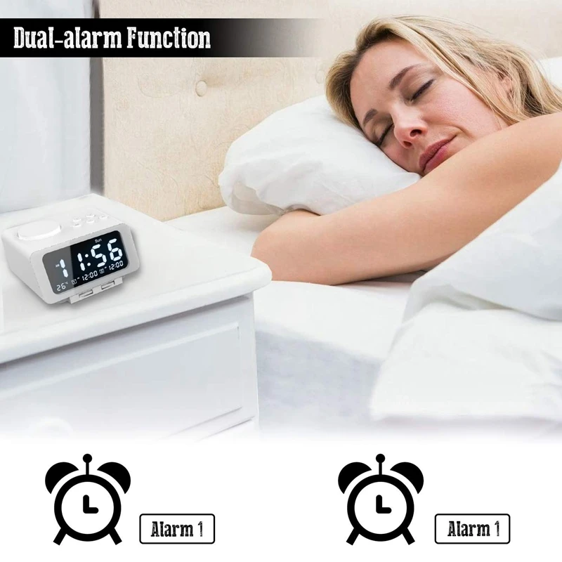 Alarm Clock Radio- FM Radio, Dual USB Port for Charging, Temperature Display, Dual Alarms, 5 Level Brightness Dimmer, Adjustabl