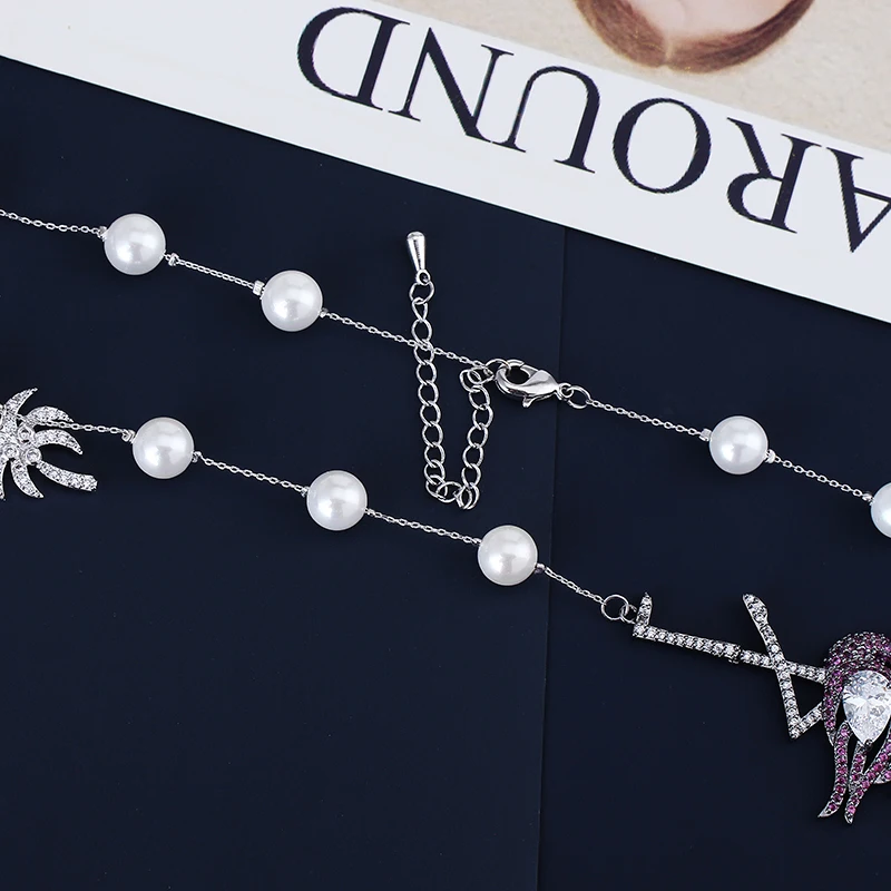 Очень роскошная винтажная жемчужная подвеска «Фламинго» с кубическим цирконием, модное ожерелье для женщин
