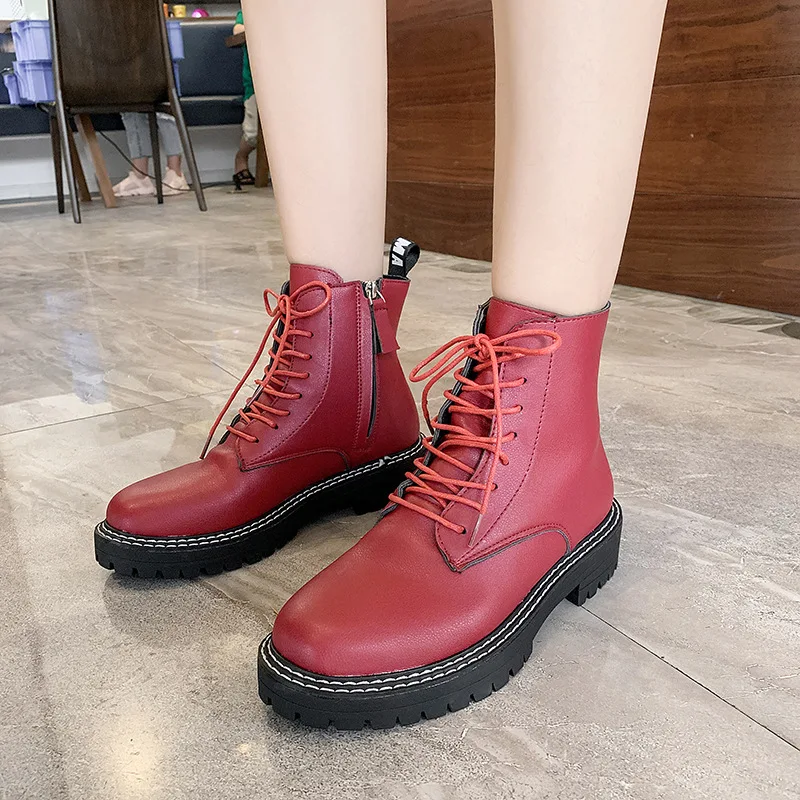 martin boots British winter round toe thicken lace-up motorcycle botines sewing zipper chunky short botas anti-skid women shoes |