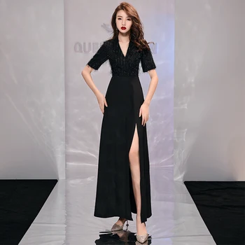 

High Split Sexy Women Cheongsam Black Evening Party Dress Exquisite V-Neck Oversize 3XL Qipao Elegant Long Vestidos Defesta