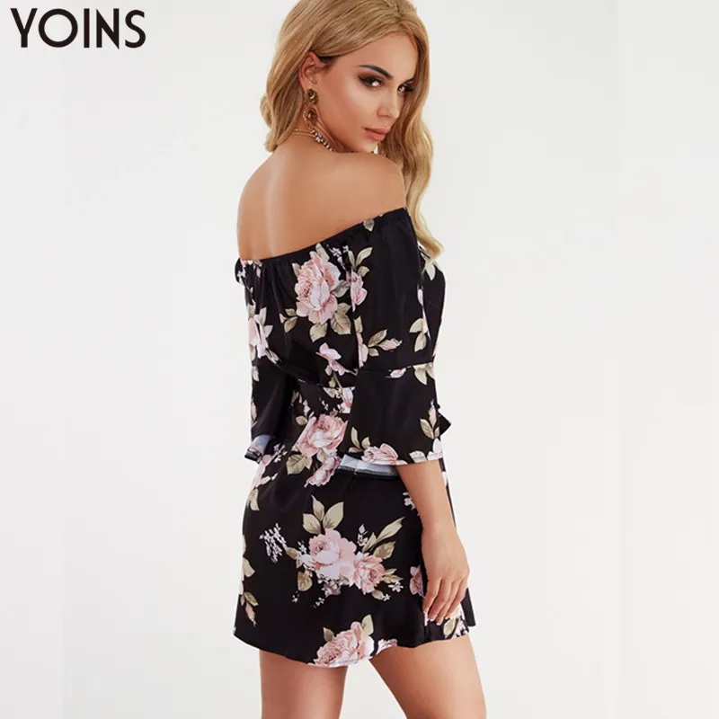 YOINS женское винтажное платье с цветочным принтом лето осень сексуальное мини-платье с открытыми плечами и расклешенными рукавами с высокой талией пляжные платья