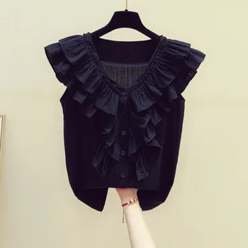 

Sleeveless Blouse for Women 2020 Summer New Korean Style Elegant V-neck Single-Breasted Sleeveless Shirt Women's Black Blouse