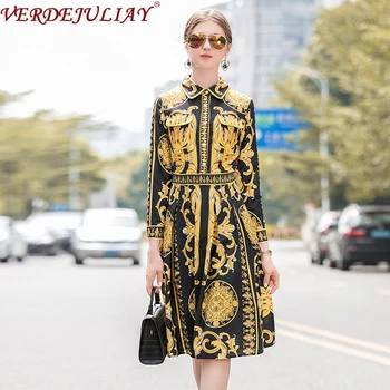 

VERDEJULIAY Autumn Fashion Runway Vintage Dress Women's Long Sleeve Belt Yellow Flower Print Midi A Line Slim Elegant Dress