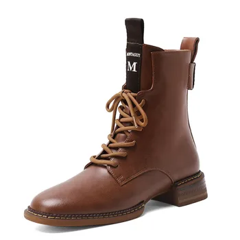 

2020 New Full-Leather Ankle Boots Short Plush Lining Lace-Up Round Toe Matin Riding Boots Flat Casual Women Shoes Botines Mujer