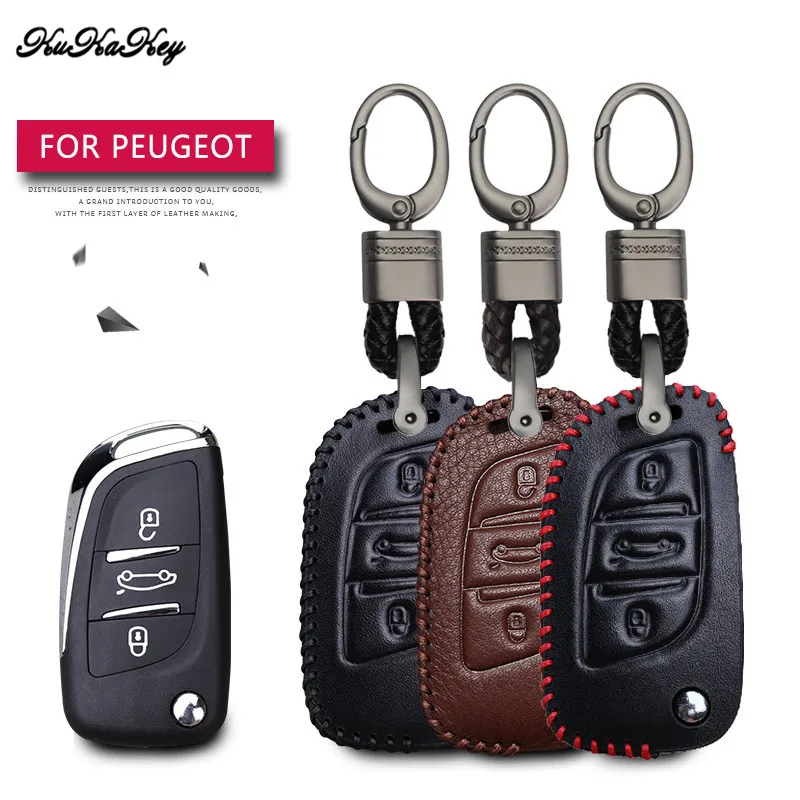Leather Car Key Case Cover Protection Shell Skin For Peugeot 207 407
